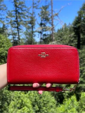 COACH Long Zip-Around Red Pebble Leather Wristlet Wallet w Gold Hardware